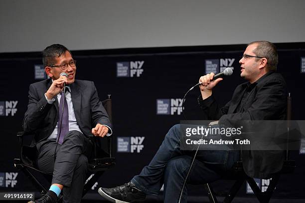 Director of programming at the Film Society of Lincoln Center Dennis Lim and Director Corneliu Porumboiu speak on stage at ''The Treasure'' Q&A...