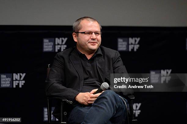 Director Corneliu Porumboiu speaks on stage at ''The Treasure'' Q&A during the 53rd New York Film Festival at The Film Society of Lincoln Center,...