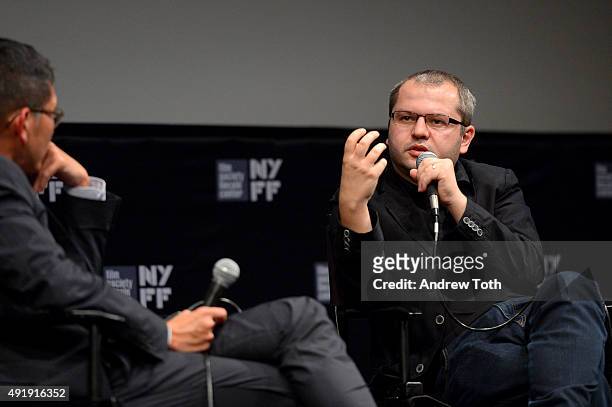 Director of programming at the Film Society of Lincoln Center Dennis Lim and Director Corneliu Porumboiu speak on stage at ''The Treasure'' Q&A...