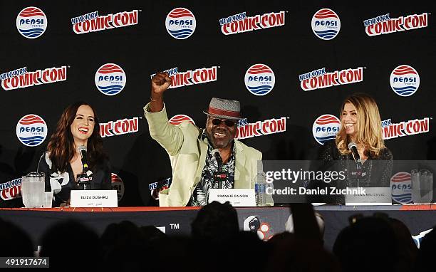 Eliza Dushku, Frankie Faison and Ivana Milicevic attend the Banshee panel at New York Comic-Con 2015 at The Jacob K. Javits Convention Center on...