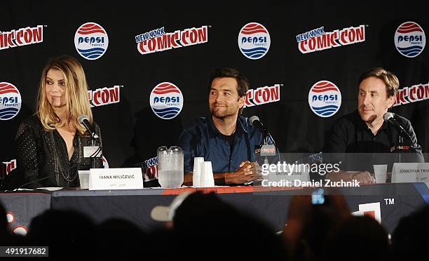 Ivana Milicevic, Antony Starr and Jonathan Tropper attend the Banshee panel at New York Comic-Con 2015 at The Jacob K. Javits Convention Center on...