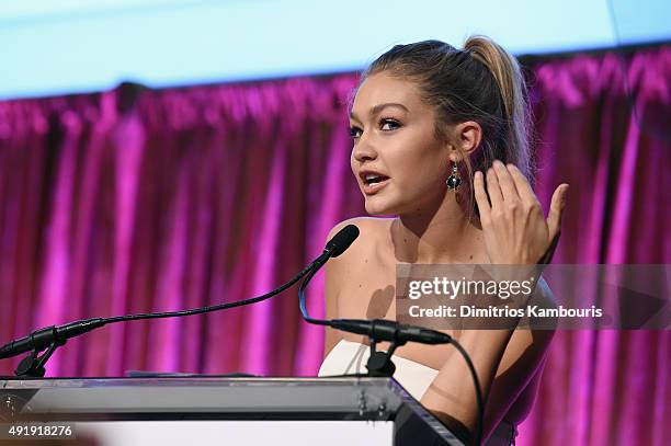 Gigi Hadid speaks onstage during the Global Lyme Alliance "Uniting for a Lyme-Free World" Inaugural Gala at Cipriani 42nd Street on October 8, 2015...