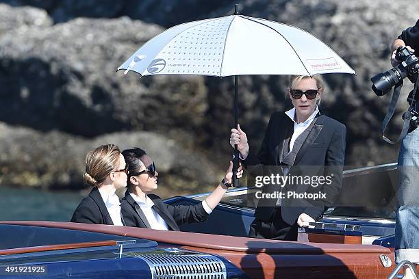 Emily Blunt, Zhou Xun and Cate Blanchett are seen while filming for the International Watch Company on May 18, 2014 in Portofino, Italy.