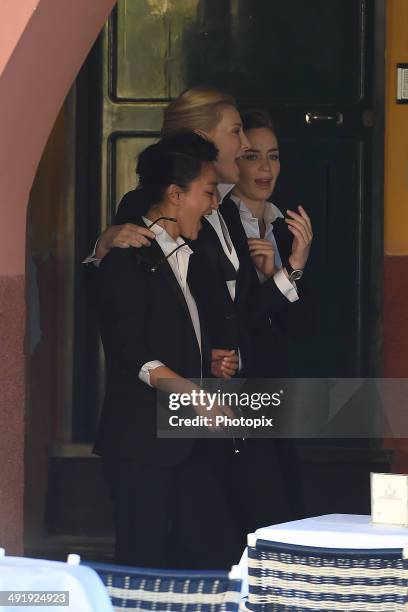 Emily Blunt, Zhou Xun and Cate Blanchett are seen while filming for the International Watch Company on May 18, 2014 in Portofino, Italy.