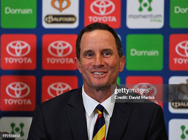 New Adelaide FC senior coach Don Pyke speaks to the media during an Adelaide Crows AFL press conference at AAMI Stadium on October 9, 2015 in...