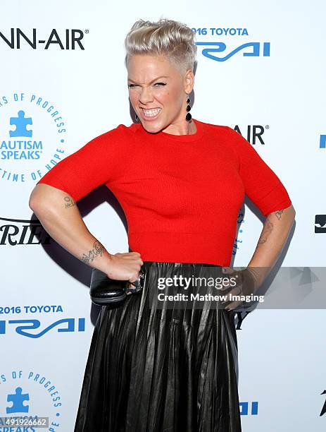 Singer Songwriter P!nk attends the Autism Speaks Celebrity Chef Gala at The Barker Hanger on October 8, 2015 in Santa Monica, California.