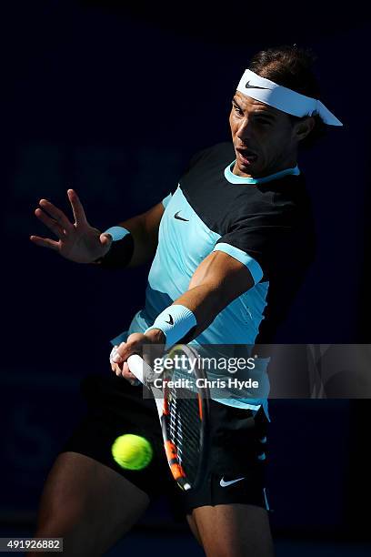 Rafael Nadal of Spain plays a forehand in his match against Jack Sock of the USA on day 7 of the 2015 China Open at the National Tennis Centre on...