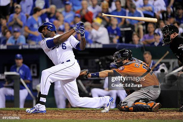Lorenzo Cain of the Kansas City Royals loses his bat in the sixth inning against the Houston Astros during game one of the American League Division...