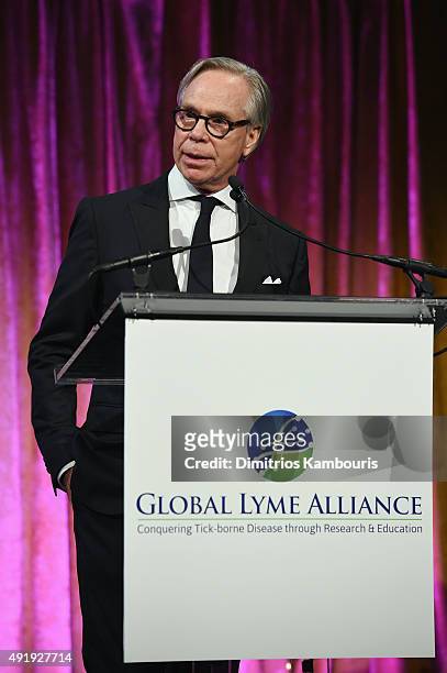 Fashion designer Tommy Hilfiger speaks onstage during the Global Lyme Alliance "Uniting for a Lyme-Free World" Inaugural Gala at Cipriani 42nd Street...