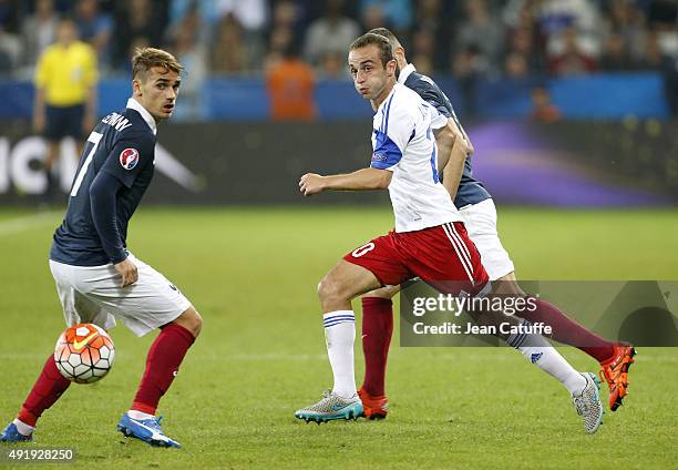 Antoine Griezmann of France and Levon Hayrapetyan of Armenia in action during the international friendly match between France and Armenia at Allianz...