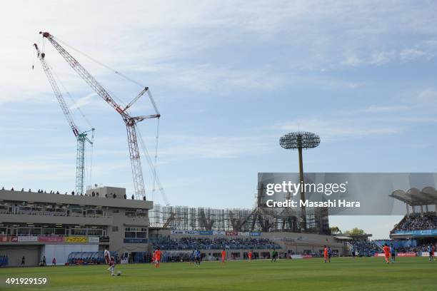 Todoroki Stadium is under repair during the J.League match between Kawasaki Frontale and Yokohama F.Marinos at Todoroki Stadium on May 18, 2014 in...