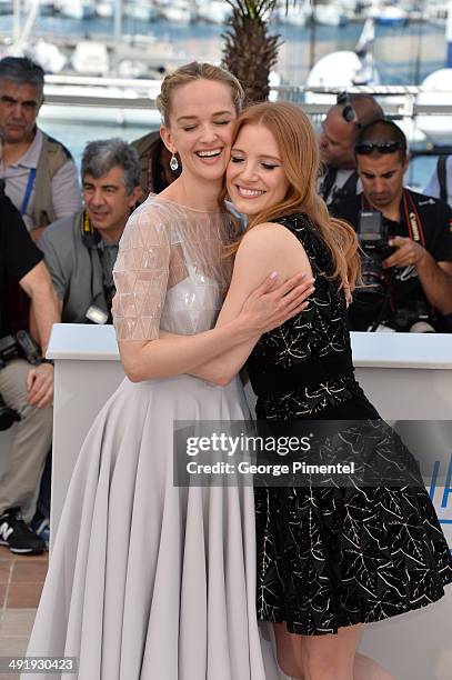 Jess Weixler and Jessica Chastain attend 'The Disappearance Of Eleanor Rigby' photocall at the 67th Annual Cannes Film Festival on May 18, 2014 in...