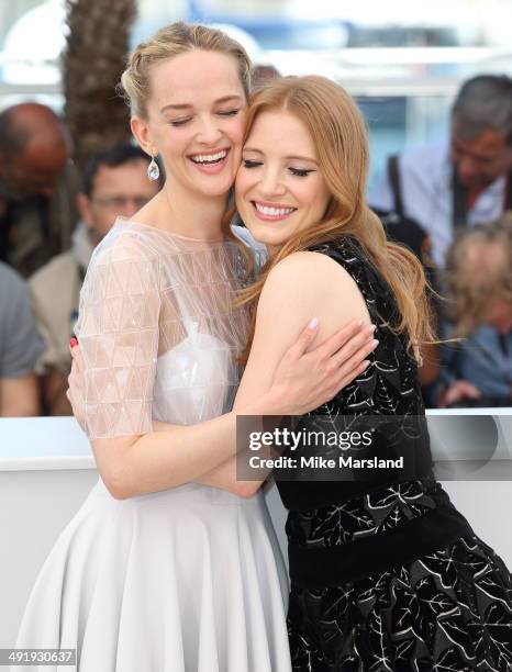 Jessica Chastain and Jess Weixler attend "The Disappearance Of Eleanor Rigby" photocall at the 67th Annual Cannes Film Festival on May 17, 2014 in...