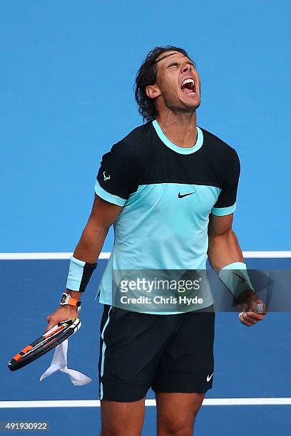 Rafael Nadal of Spain celebrates winning his match against Jack Sock of the USA on day 7 of the 2015 China Open at the National Tennis Centre on...