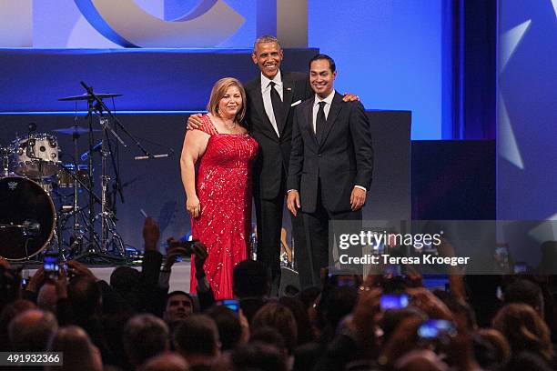 Rep. Linda Sanchez , U.S. President Barack Obama, and Rep. Joaquin Castro on stage at CHCI's 38th Awards Gala at The Walter E. Washington Convention...