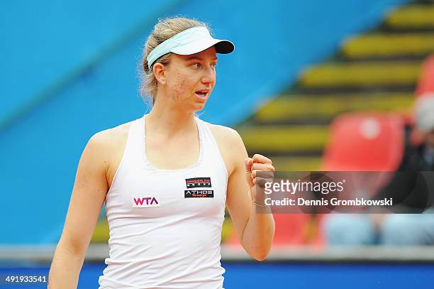 Mona Barthel of Germany celebrates a point during her match against Belinda Bencic of Switzerland during Day 2 of the Nuernberger Versicherungscup on...