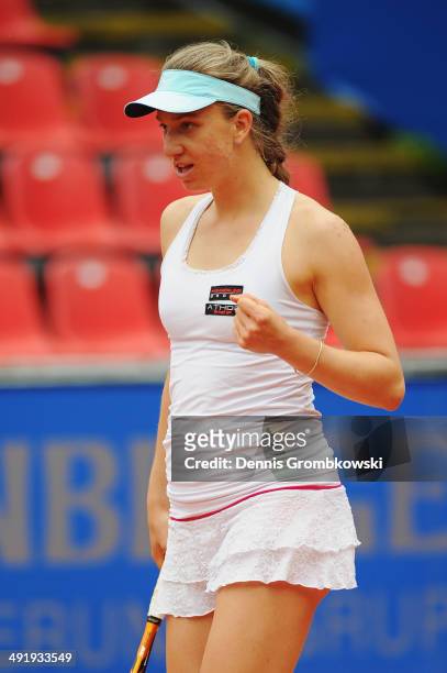Mona Barthel of Germany winning her match against Belinda Bencic of Switzerland during Day 2 of the Nuernberger Versicherungscup on May 18, 2014 in...