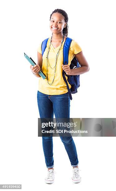 full length portrait of african american high school girl - african map stockfoto's en -beelden