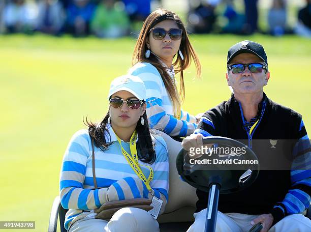 Mark McNulty of Zimbabwe and International team assistant captain driving Ipsa Lahiri and Amanda Bowditch during the Friday four-ball matches at The...
