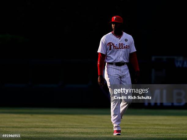 Domonic Brown of the Philadelphia Phillies during warmups before the start of a game against the Cincinnati Reds at Citizens Bank Park on May 17,...
