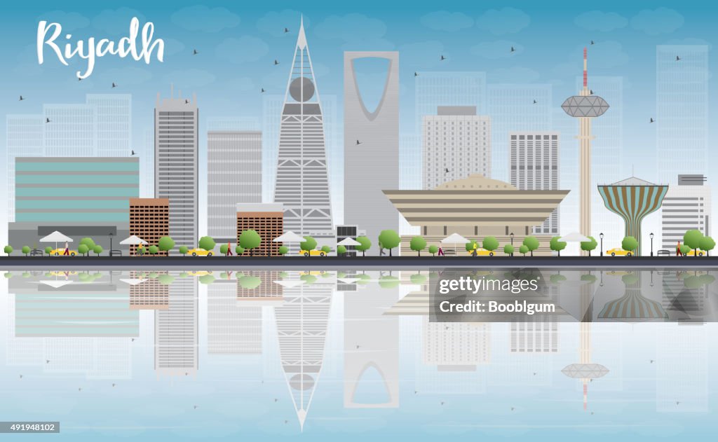 Riyadh Skyline With Grey Buildings Blue Sky And Reflection High-Res ...