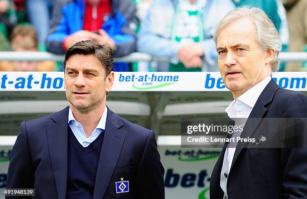 Oliver Kreuzer , manager of Hamburg and Carl-Edgar Jarchow, CEO of Hamburger SV look prior to the Bundesliga Playoff Second Leg match between SpVgg...