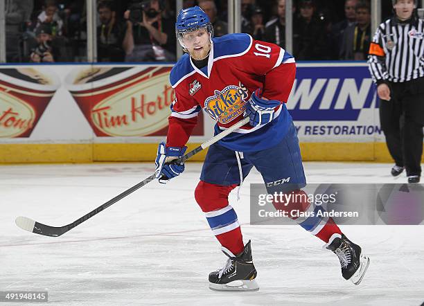 Henrik Samuelsson of the Edmonton Oil Kings skates against the Guelph Storm in Game Two of the 2014 Mastercard Memorial Cup at Budweiser Gardens on...
