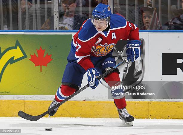 Curtis Lazar of the Edmonton Oil Kings skates with the puck against the Guelph Storm in Game Two of the 2014 Mastercard Memorial Cup at Budweiser...