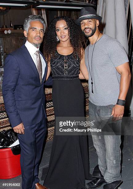 Sol Aponte, Jennia Fredrique and Aaron D. Spears attend The "Sacred Heart" Exhibit at Voila! Gallery on October 8, 2015 in Los Angeles, California.