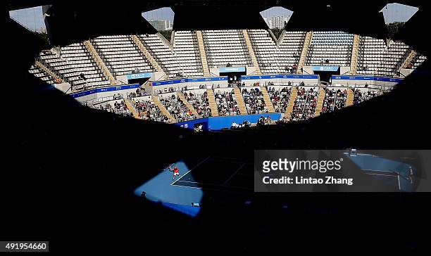 Fabio Fognini of Italy returns a ball against Pablo Cuevas of Uruguay on day 7 of the 2015 China Open at the National Tennis Centre on October 9,...
