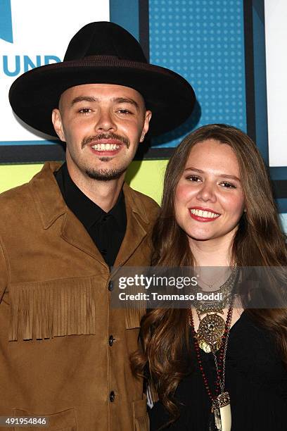 Musician Tirzah Joy Huerta Uecke and Jesse Eduardo Huerta Uecke of Jesse & Joy pose in the press room during the Telemundo's Latin American Music...