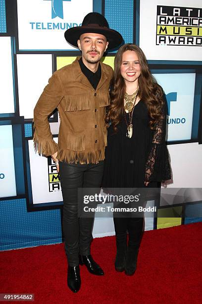 Musician Tirzah Joy Huerta Uecke and Jesse Eduardo Huerta Uecke of Jesse & Joy pose in the press room during the Telemundo's Latin American Music...