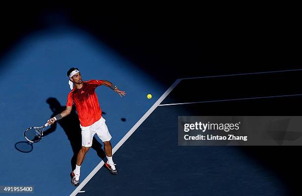 Fabio Fognini of Italy returns a ball against Pablo Cuevas of Uruguay on day 7 of the 2015 China Open at the National Tennis Centre on October 9,...