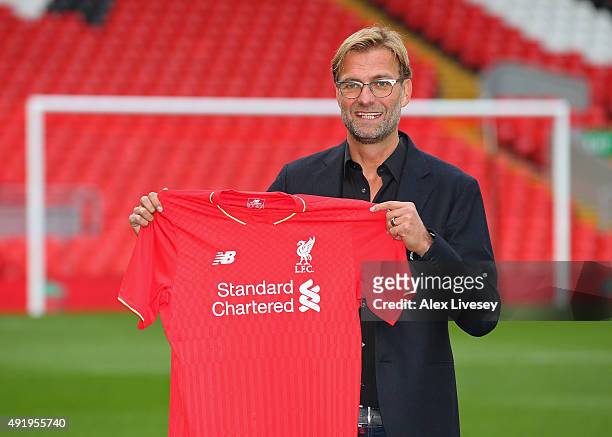 Jurgen Klopp at Anfield is unveiled as the new manager of Liverpool FC during a press conference at Anfield on October 9, 2015 in Liverpool, England.