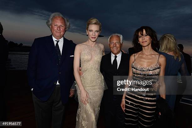 Graydon Carter, Cate Blanchett, Giorgio Armani and Sophie Marceau attend the Vanity Fair And Armani Party at the 67th Annual Cannes Film Festival on...