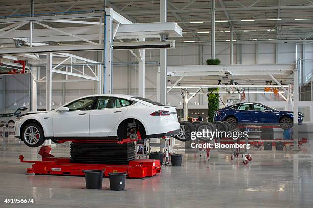 Tesla Model S automobiles stand on hydraulic platforms during wheel fitting on the final assembly line at the Tesla Motors Inc. Factory in Tilburg,...