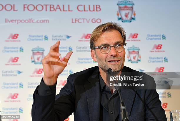 Jurgen Klopp new manager of Liverpool during a press conference at Anfield on October 9, 2015 in Liverpool, England.