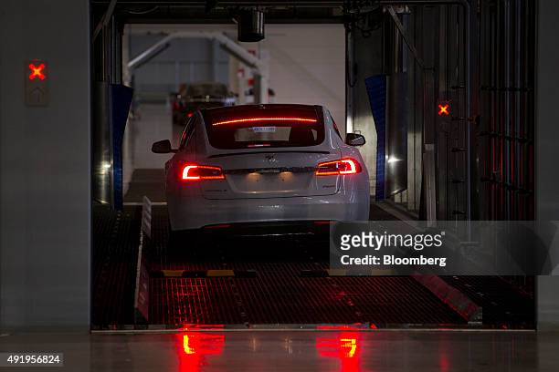 Tesla Model S automobile stands in a wind tunnel ahead of European shipping from the Tesla Motors Inc. Factory in Tilburg, Netherlands, on Thursday,...