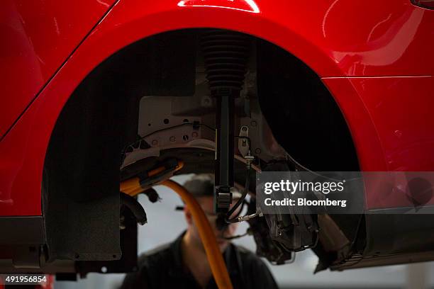 Tesla Model S automobile stands on the driving unit assembly line at the Tesla Motors Inc. Factory in Tilburg, Netherlands, on Thursday, Oct. 8,...