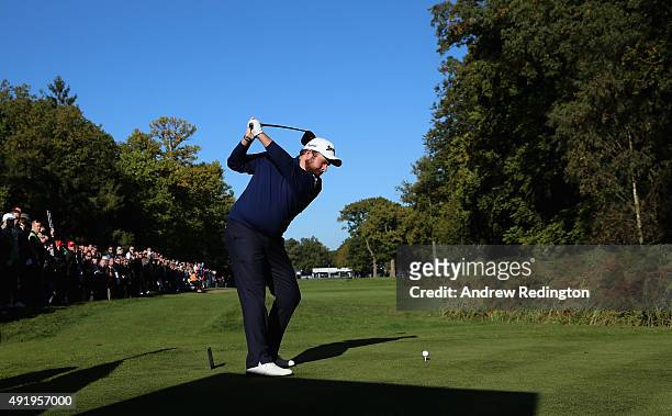 Shane Lowry of Ireland hits jis tee-shot on the 18th hole during the second round of the British Masters supported by Sky Sports at Woburn Golf Club...