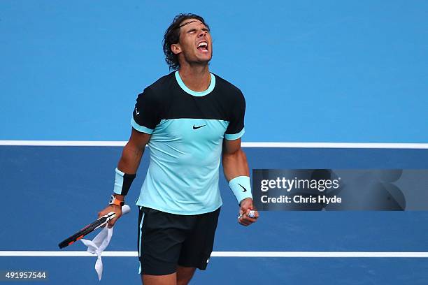 Rafael Nadal of Spain celebrates winning his match against Jack Sock of the USA on day 7 of the 2015 China Open at the National Tennis Centre on...