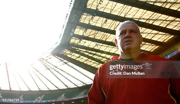 Warren Gatland, Head Coach of Wales looks on during the Wales Captain's Run ahead of the 2015 Rugby World Cup Pool A match against Australia at...