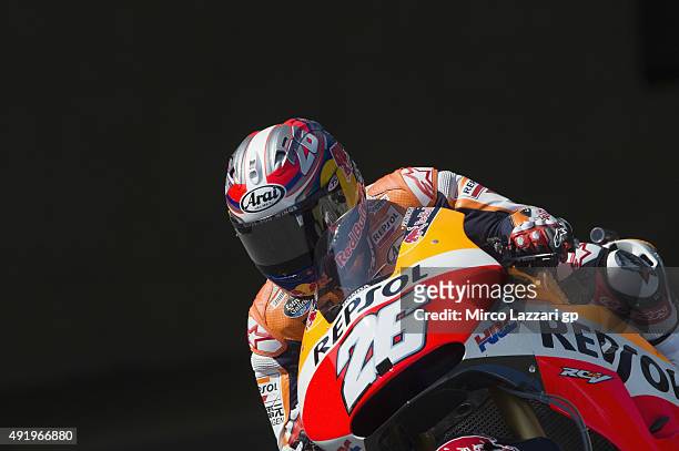 Dani Pedrosa of Spain and Repsol Honda Team heads down a straight during the MotoGP Of Japan - Free Practice at Twin Ring Motegi on October 9, 2015...