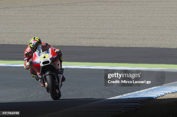 Andrea Iannone of Italy and Ducati Team heads down a straight during the MotoGP Of Japan - Free Practice at Twin Ring Motegi on October 9, 2015 in...