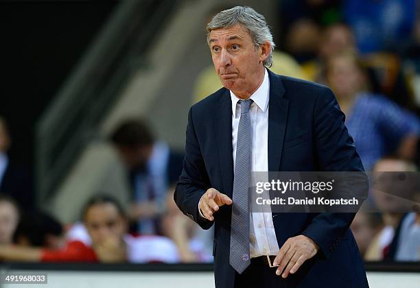 Coach Svetislav Pesic of Muenchen reacts during the Beko BBL Playoffs semifinal match between MHP RIESEN Ludwigsburg and FC Bayern Muenchen on May...