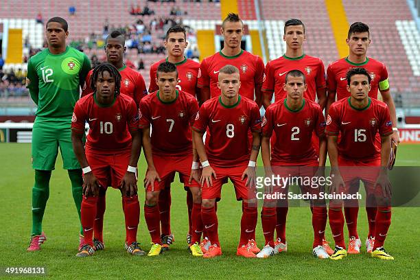 The team of Portugal lines up prior to the UEFA Under17 European Championship 2014 semi final match between Portugal and England at Ta' Qali National...