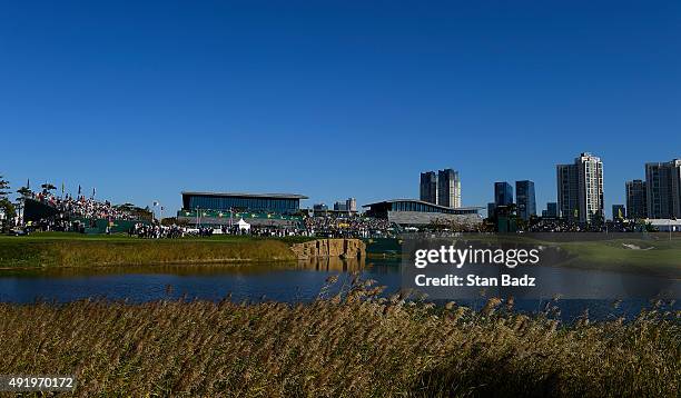 Course scenic view of the first and ninth holes during the second round of The Presidents Cup at Jack Nicklaus Golf Club Korea on October 9, 2015 in...