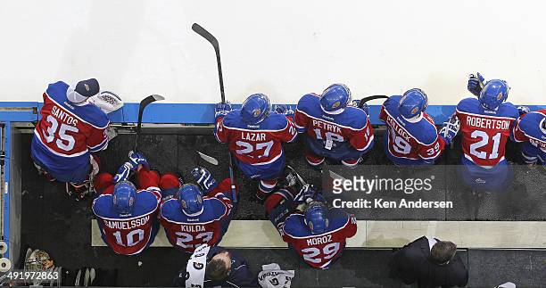 An overview of the Edmonton Oil Kings bench during play against the Guelph Storm in Game Two of the 2014 Mastercard Memorial Cup at Budweiser Gardens...