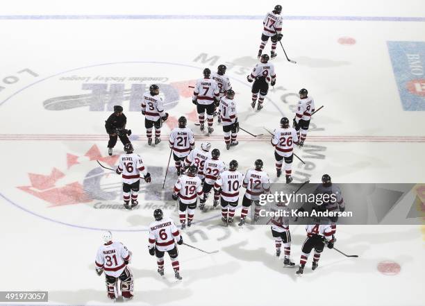 The Guelph Storm leave the ice after defeating the Edmonton Oil Kings in Game Two of the 2014 Mastercard Memorial Cup at Budweiser Gardens on May 17,...