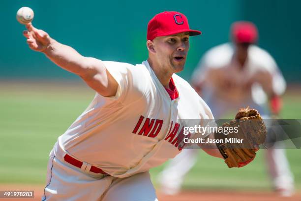 Starting pitcher Justin Masterson of the Cleveland Indians pitches during the first inning against the Oakland Athletics at Progressive Field on May...